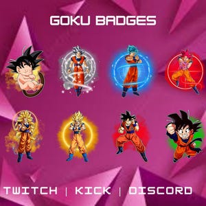 以下が含まれることがあります： アニメ「ドラゴンボールZ」の悟空の異なるバージョンをフィーチャーした8つのデジタルバッジのセット。バッジは、黄色、オレンジ、赤、青、緑など、さまざまなポーズと色で表示されています。画像の上部には「GOKU BADGES」というテキストが表示されています。画像の下部には「TWITCH | KICK | DISCORD」というテキストが表示されています。