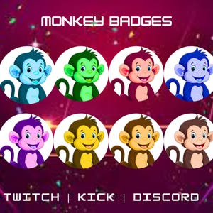 Op de afbeelding: Een set van 8 kleurrijke aap-badges voor Twitch, Kick en Discord. Elke badge heeft een aap in een andere kleur met een vrolijke uitdrukking.