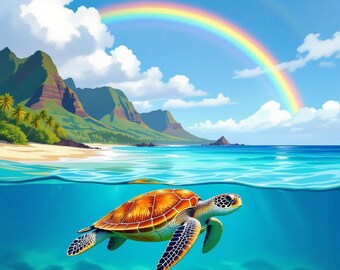 sea turtles, hawaii, rainbow, waikik, beach, sunset, digital print