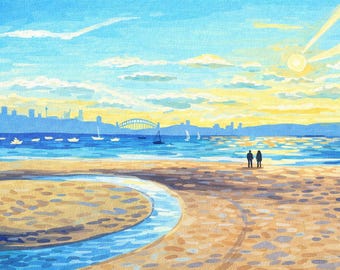 Rose Bay Coastal Beach A3 Digital Download| Sydney Seascape Art Card | Ocean Landscape Painting | Australian Coastal Art