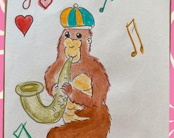 Monkey Joker Hand Painted, Handmade Card, watercolour painting, ink sketch