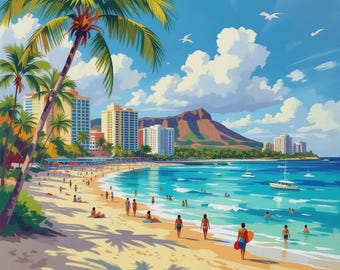 hawaii,waikik, beach, sunset, digital print