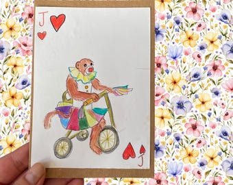 Monkey Joker Hand Painted, Handmade Card, watercolour painting, ink sketch