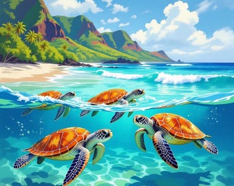 sea turtles, hawaii,waikik, beach, sunset, digital print