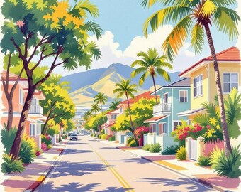 hawaii,waikik, beach, street, digital print