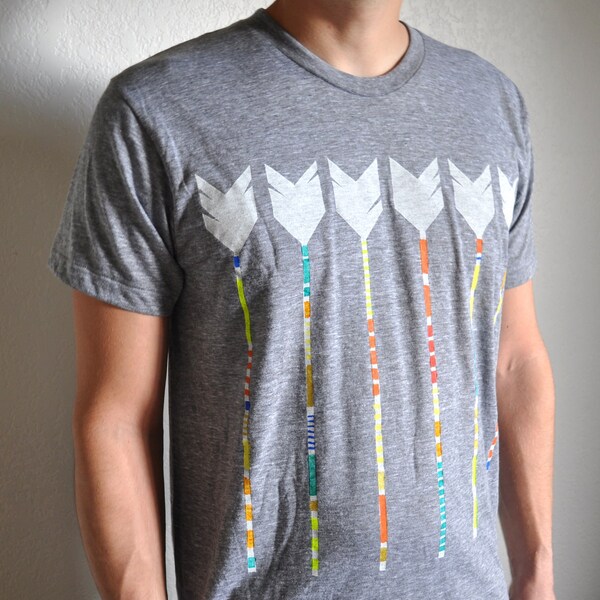 Arrow T Shirt - Hand Printed and Painted Striped Arrow Gray Track Tee - Large