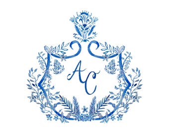 Blue and White Watercolor Wedding Crest – Custom Initials
