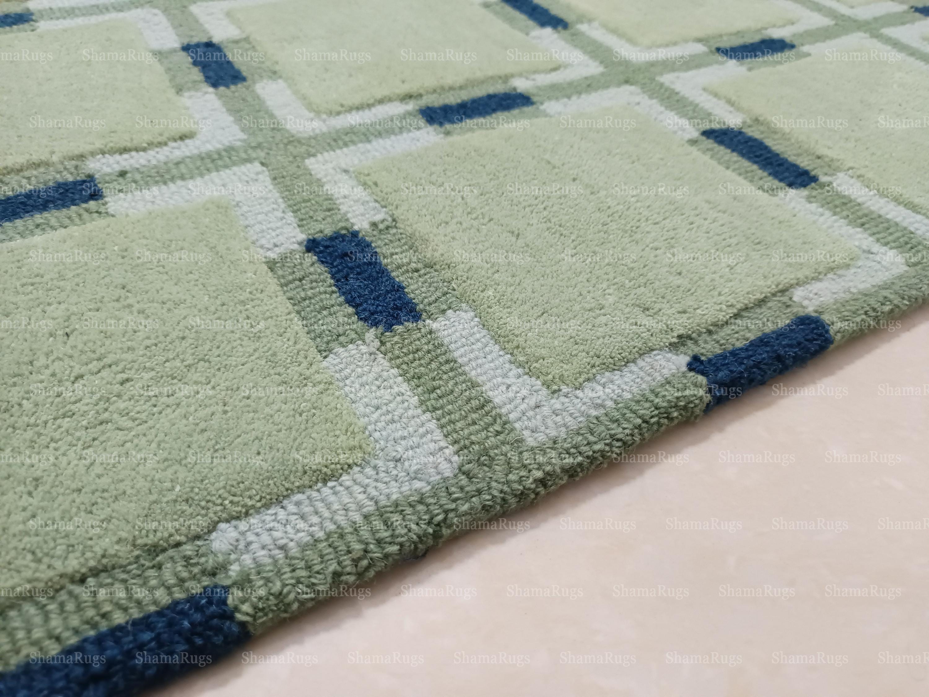 Green & Blue Geometric Wool Rug | Hand Tufted Modern Carpet - Etsy