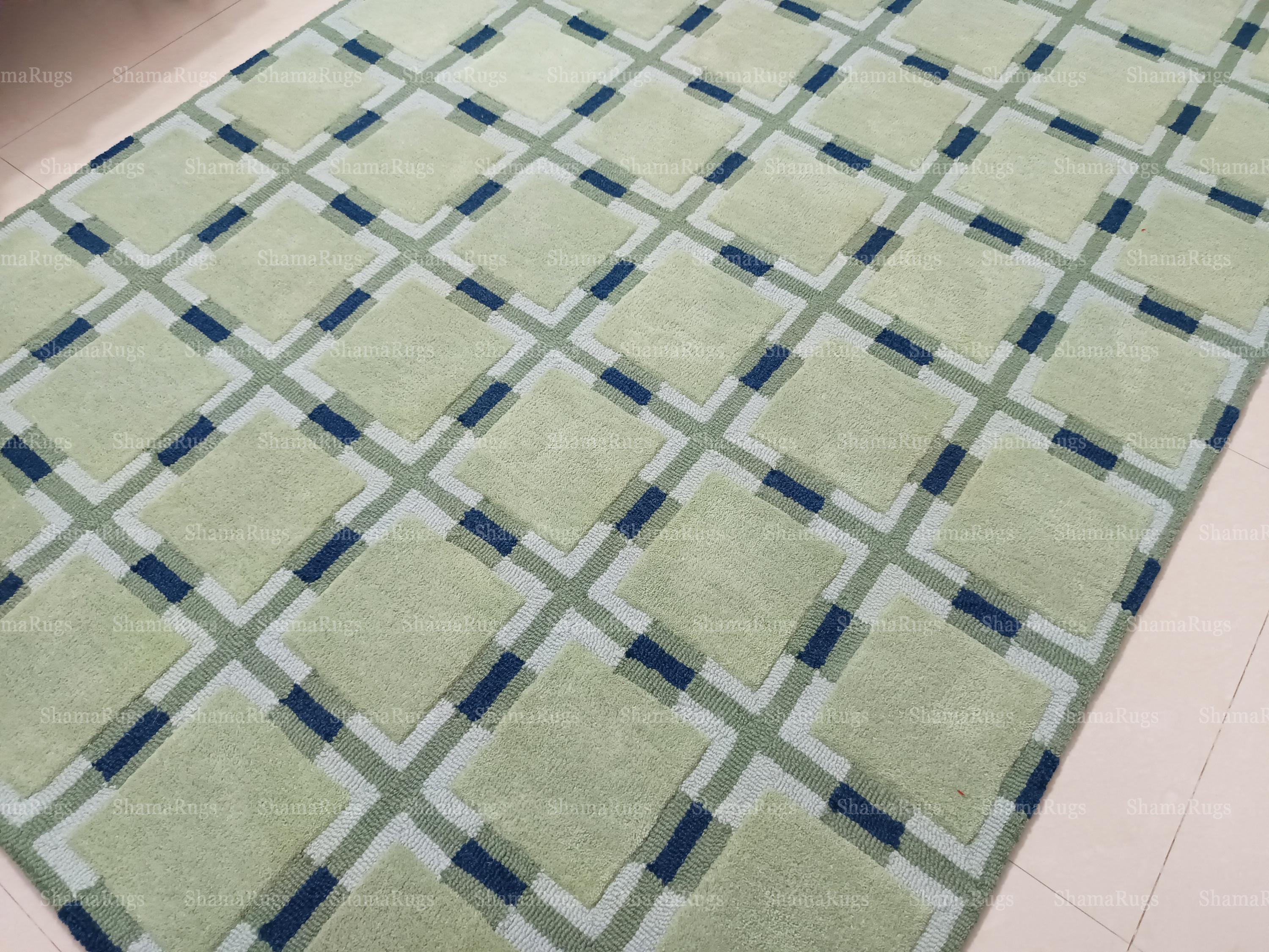 Green & Blue Geometric Wool Rug | Hand Tufted Modern Carpet - Etsy