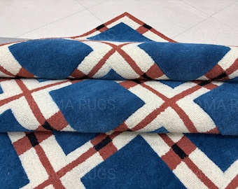 Handmade Large Area Rug Premium Quality Blue Red Hand Tufted Woolen Rugs for Home Decor Living Room Bedroom, Kids Office All Sizes 7x10 9x12
