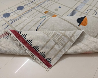 Ivory Oushak Rug, Modern Turkish Wool Rug, Handmade