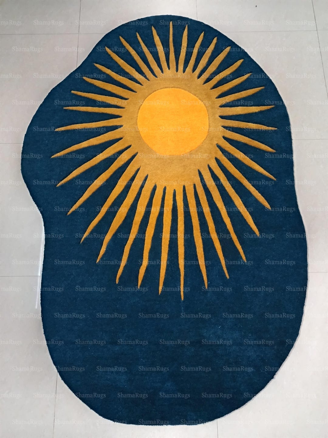 Sunburst Modern Rug, Blue and Gold Abstract Floor Carpet, Irregular ...