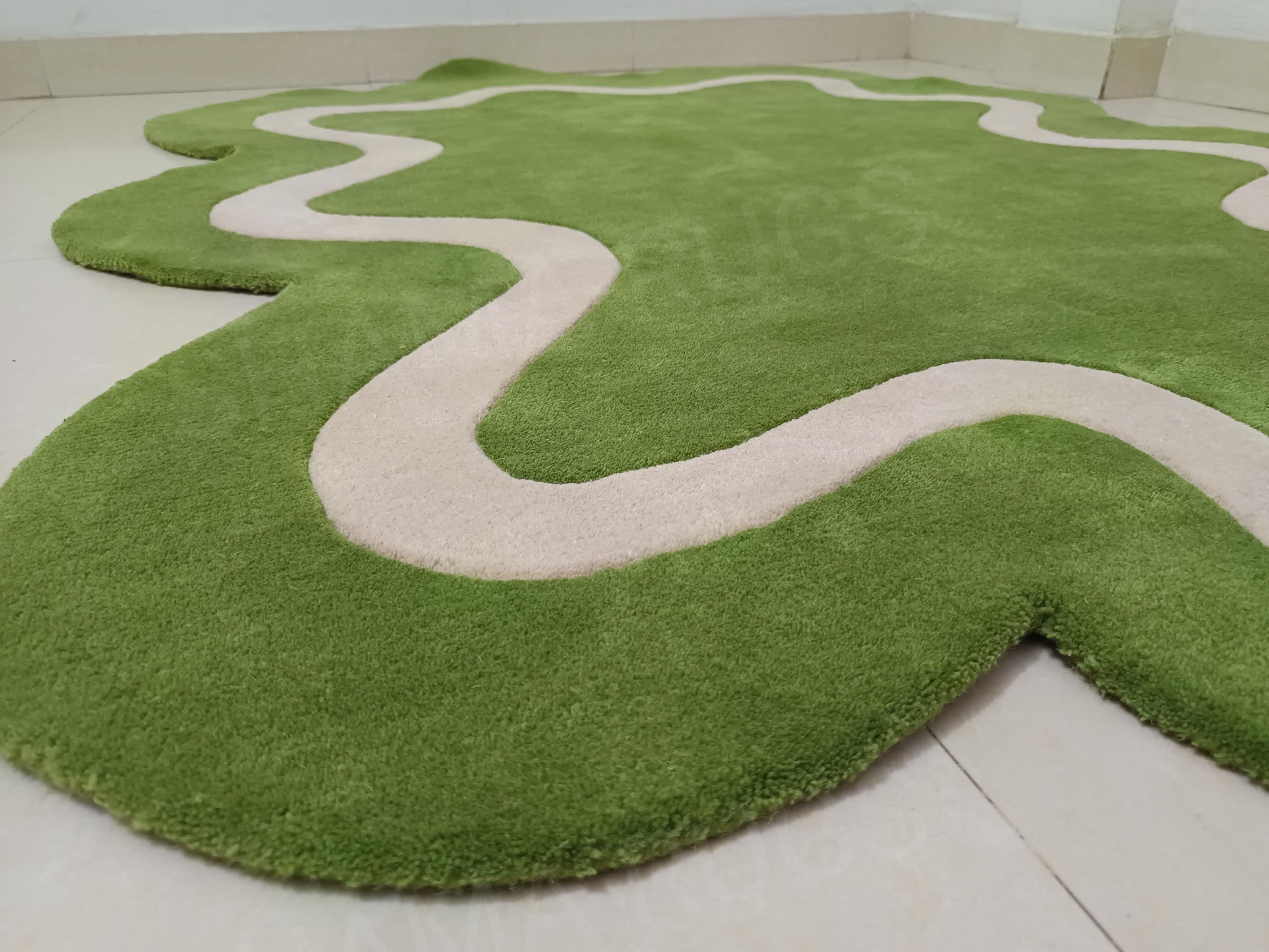 Cream Path Abstract Green Rug With Cream Path - Unique Irregular Shape Rug - Etsy