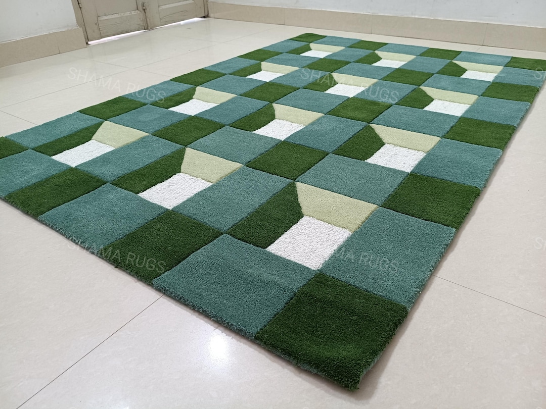 Hand Tufted Green Box Pattern Area Rug - Etsy