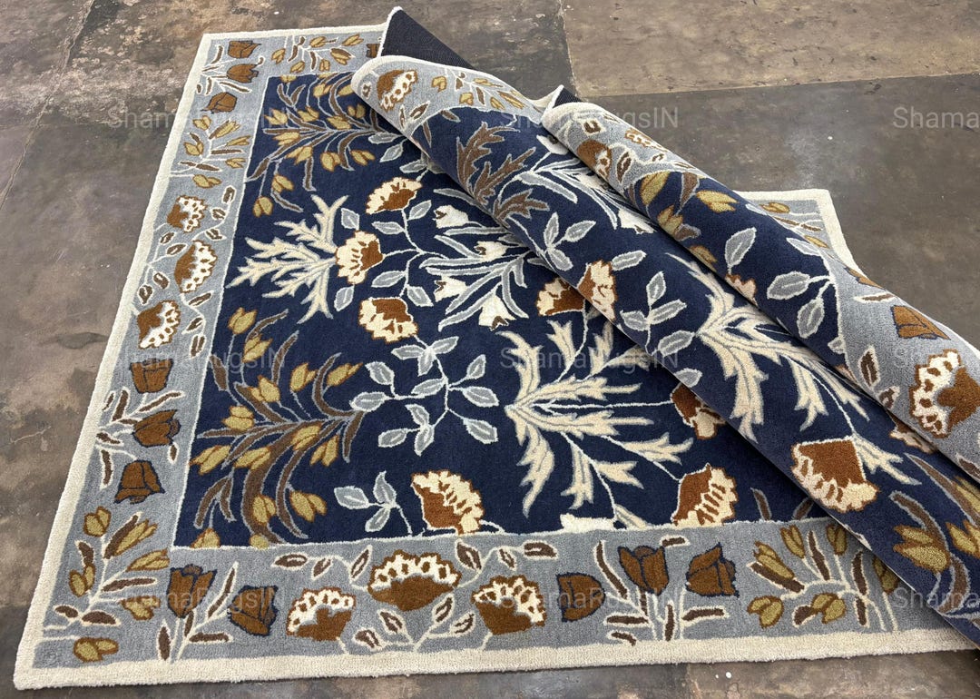 Navy Blue Floral Hand Tufted Rug, Vintage Botanical Area Rug, Modern ...