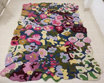 Hand Tufted Floral Design Cassia Rug Silk and Wool Rug Irregular Shaped Rug Soft Flowers Rug Multi Colored Rug Living Room Dining Room Rug