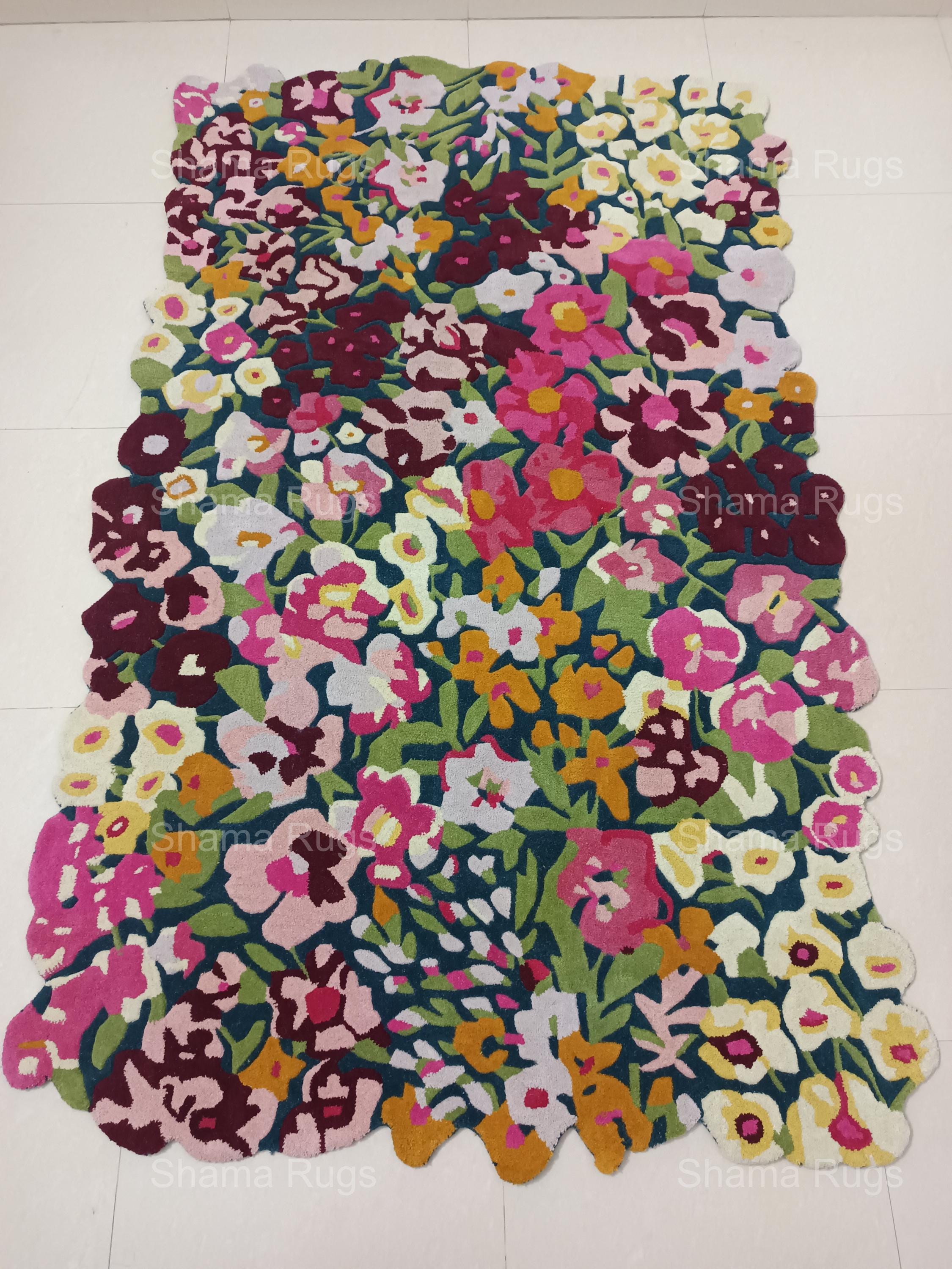 Pattern Floral Whimsical Rug Hand Tufted Floral Design Cassia Rug Silk and Wool Rug Irregular Shaped ...