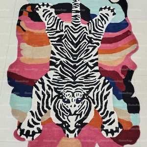 Large Abstract Tiger Area Rug | Irregular Shaped Multi-Color Border Carpet for Living Room, Bedroom, Nursery