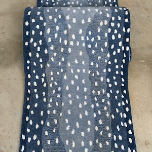 Puede incluir: Dos alfombras rectangulares azules con un estampado de lunares. Las alfombras tienen un efecto degradado, pasando de un azul más oscuro en los bordes a un azul más claro en el centro. Puntos blancos están dispersos por la superficie.