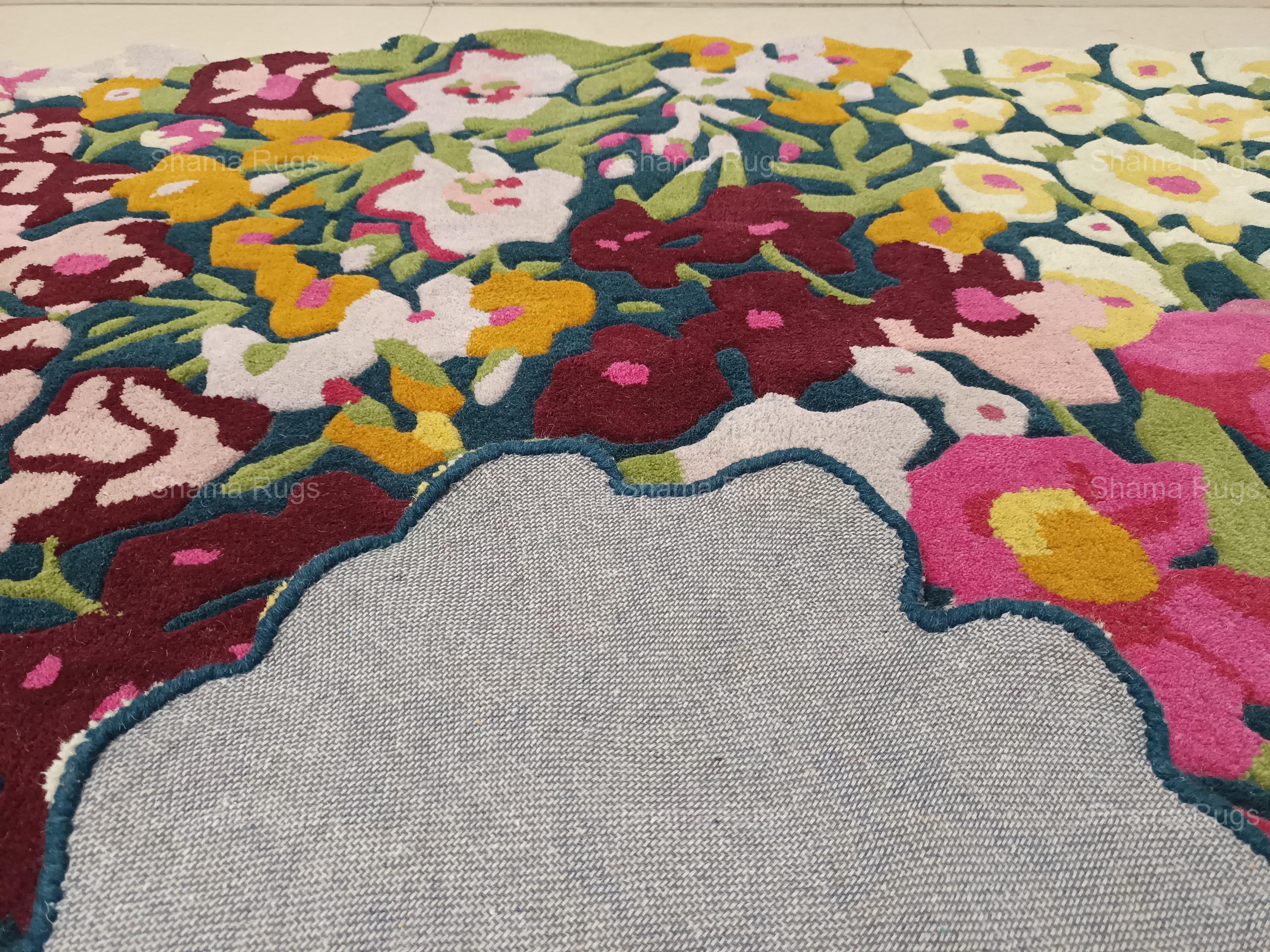 Hand Tufted Floral Design Cassia Rug Silk and Wool Rug Irregular Shaped ...