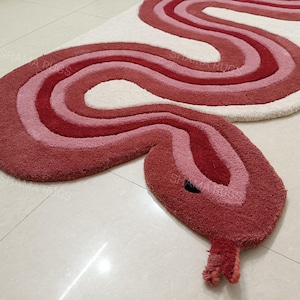 Handmade Tufted Snake Rug, Wavy Red & Pink Serpent Carpet