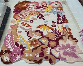 Alfombra de lana floral tejida a mano, alfombra irregular rosa y beige