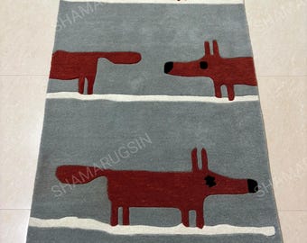 Hand Tufted Fox Rug, Scandinavian Animal Area Rug, Kids Room Nursery Rug, Grey Modern Wool Carpet Nordic Fox Design Rug Handmade Bedroom Rug