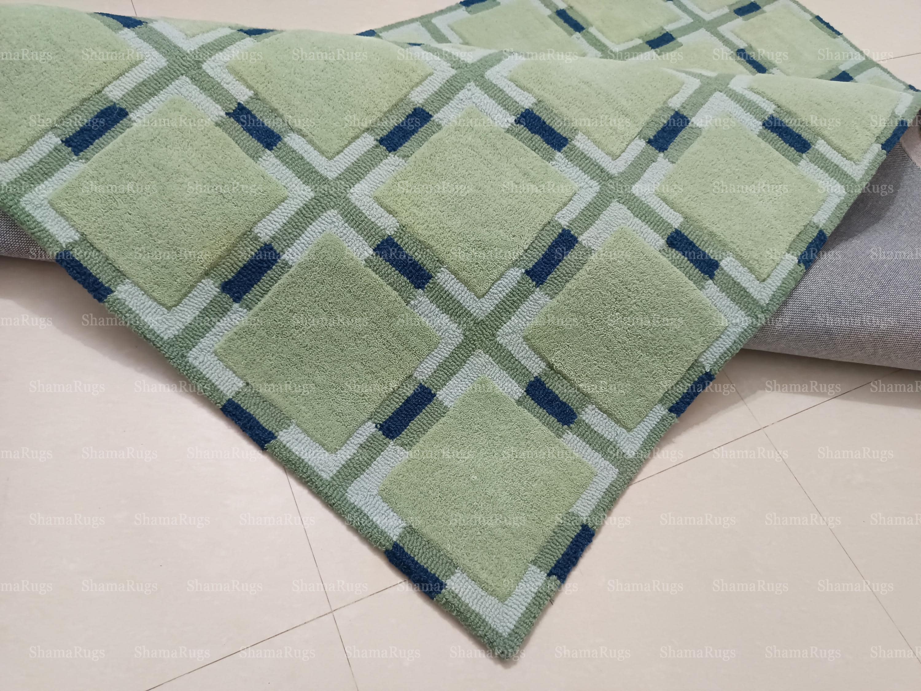 Green & Blue Geometric Area Rug | Modern Square Pattern Rug | Abstract ...