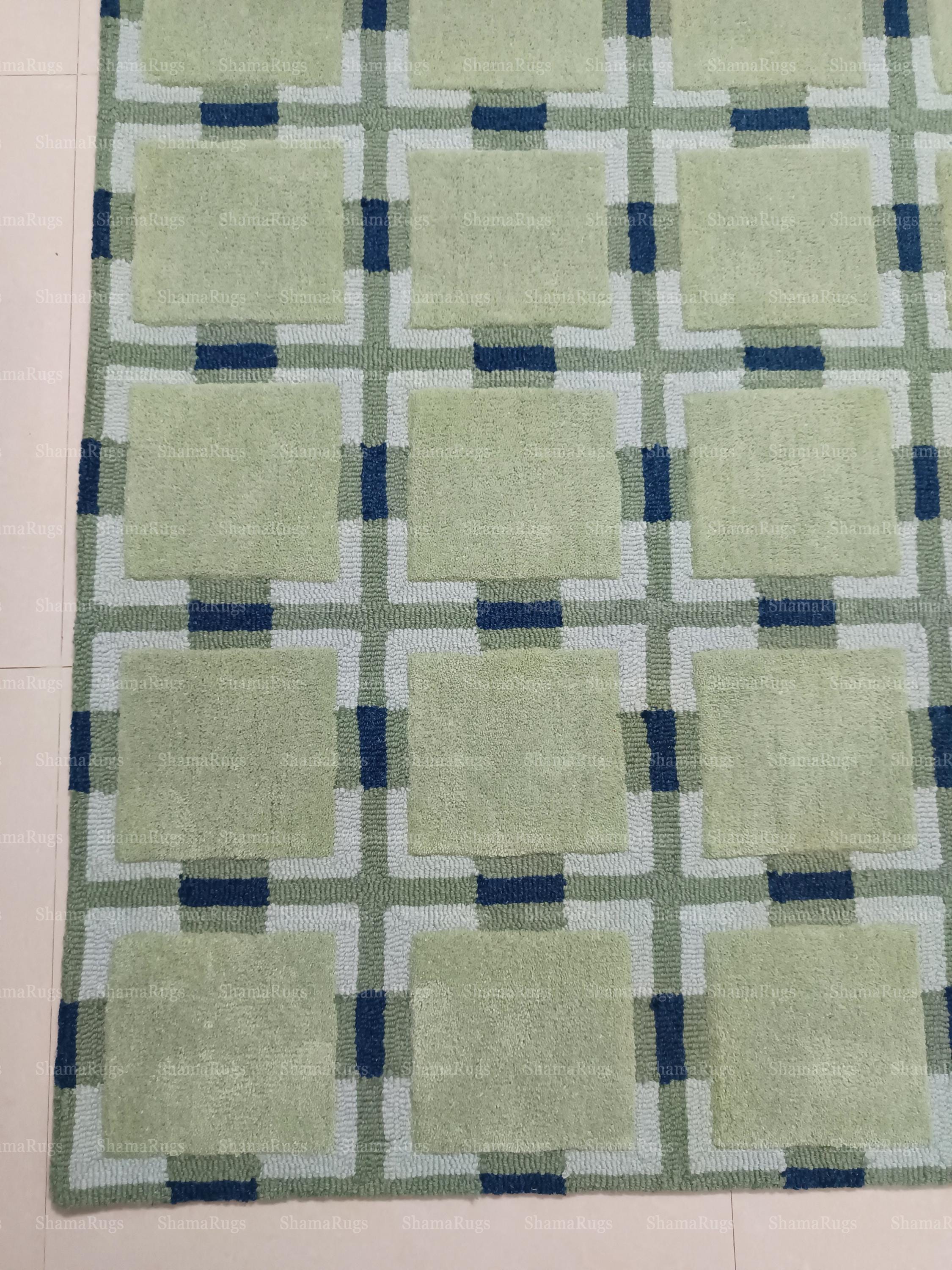 Green & Blue Geometric Wool Rug | Hand Tufted Modern Carpet - Etsy