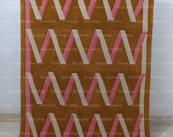 Hand Tufted Wool Rug | Modern Zig-Zag Design, Brown & Pink