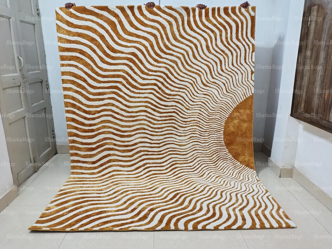 Abstract Wavy Lines Wool & Silk Rug, Modern Gold White Carpet - Etsy