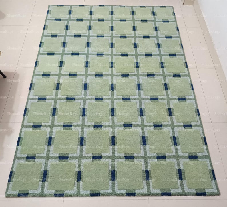 Green & Blue Geometric Area Rug | Modern Square Pattern Rug | Abstract ...