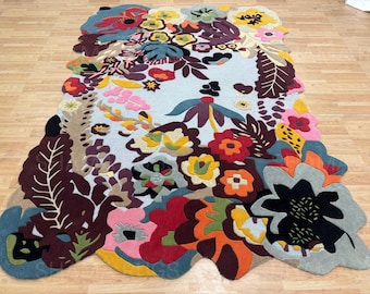 Hand Tufted Wool Floral Rug, Colorful Botanical Carpet