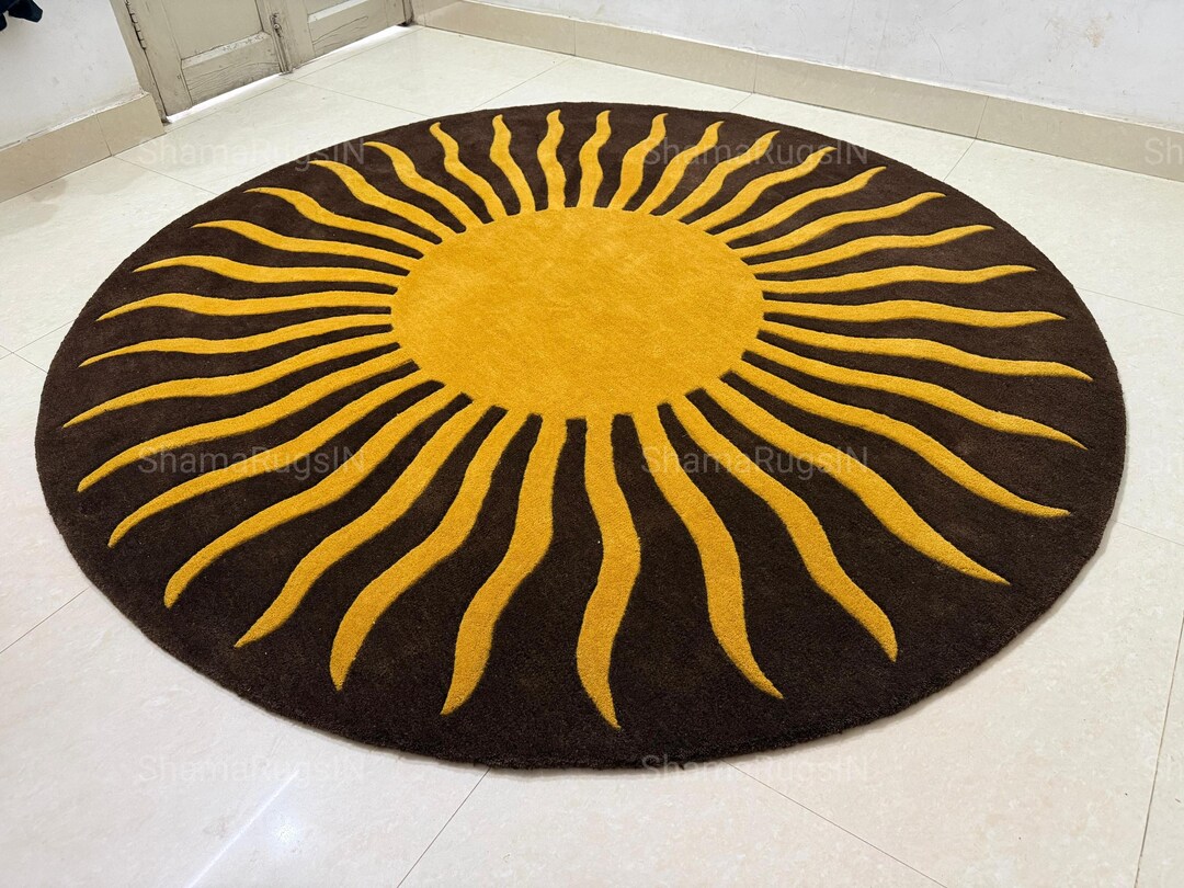 Sun Design Round Rug, Yellow Sunburst Rug, Brown Background Round ...