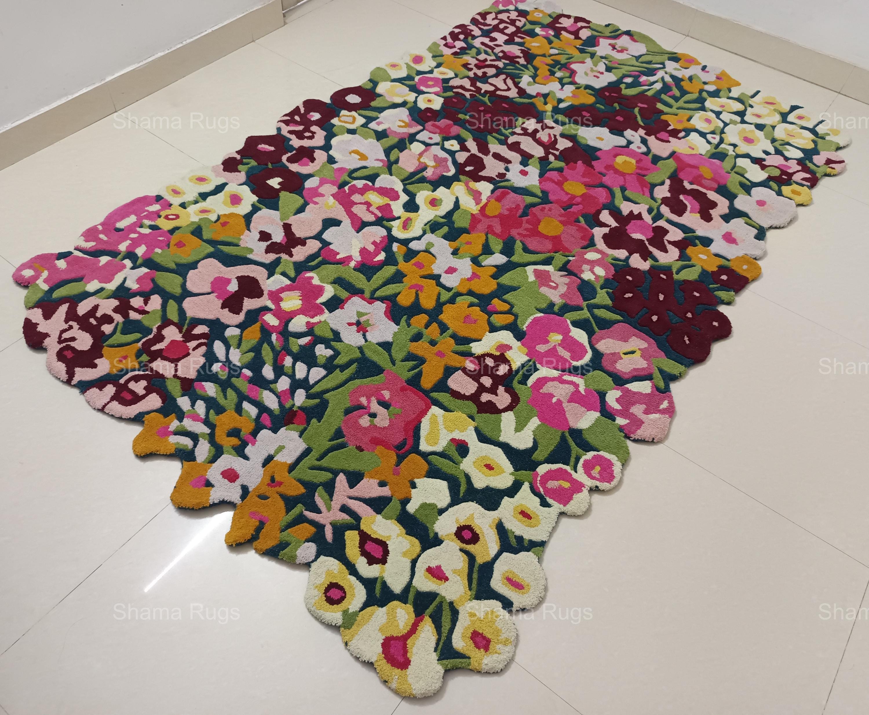 Hand Tufted Floral Design Cassia Rug Silk and Wool Rug Irregular Shaped ...