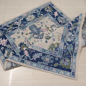 Modern Oushak Rug 8x10 and 9x12 Hand Knotted Rug Blue and Beige Vintage Oushak Wool Area Rug for Home, Living Room, Bedroom, Office, Kitchen