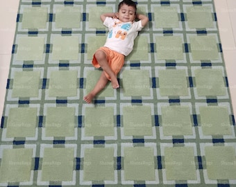 Green & Blue Geometric Wool Rug | Hand Tufted Modern Carpet