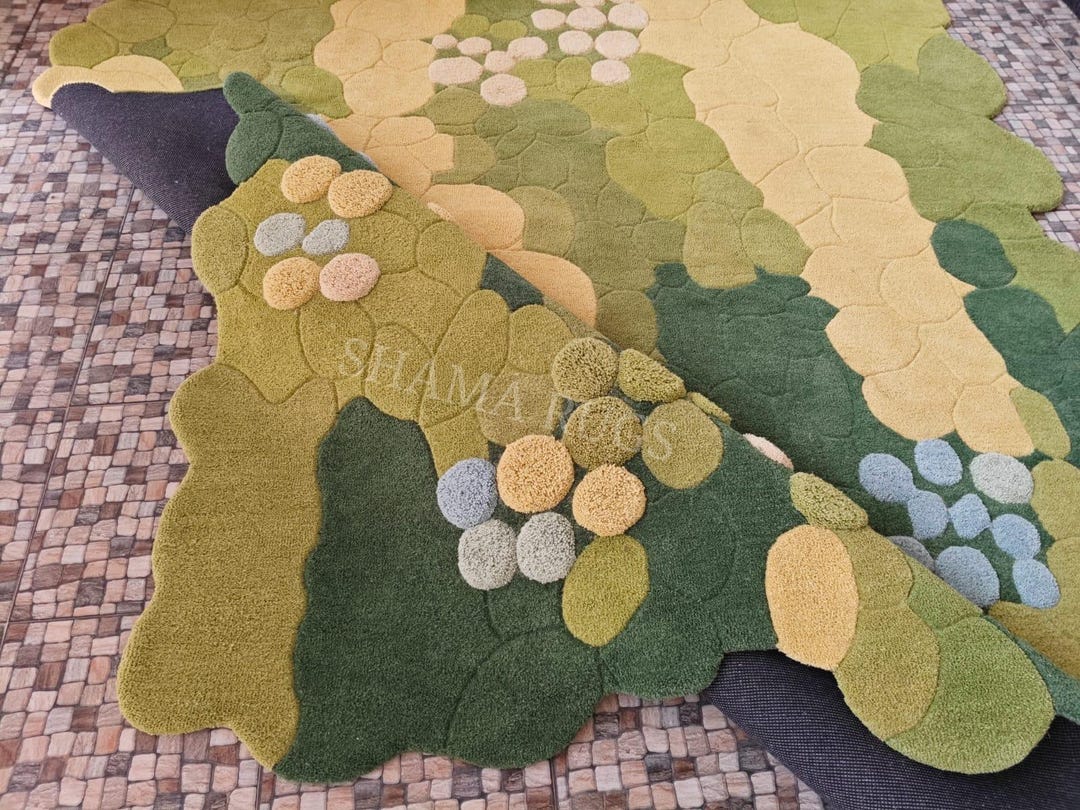 Hand Tufted Abstract Moss Green Area Rug, Modern Organic Pebble Design ...