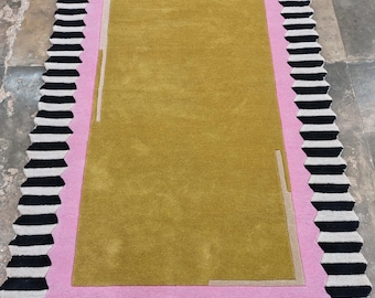 Abstract Zigzag Border Rug - Contemporary Gold and Pink Accent Rug for Living Room, Bedroom