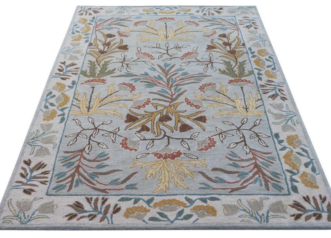 Hand Tufted Wool Rug, Floral Design, Light Blue Area Rug - Etsy