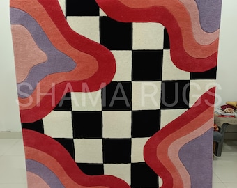 Checkerboard Waves Tufted Rug - Modern Abstract Colorful Rug