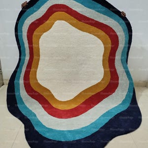 Retro Irregular Shaped Rug, Abstract Colorful Rug, Modern Wavy Home Decor, Unique Minimalist Area Rug, Hand-Tufted Wool Rug for Living Room