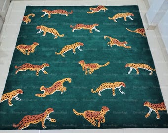 Green Cheetah Print Wool Rug – Hand-Tufted, Custom Size
