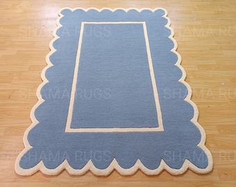 Hand Tufted Wool Scalloped Edge Rug, Modern Minimalist Carpet, Blue Cream Nursery Decor