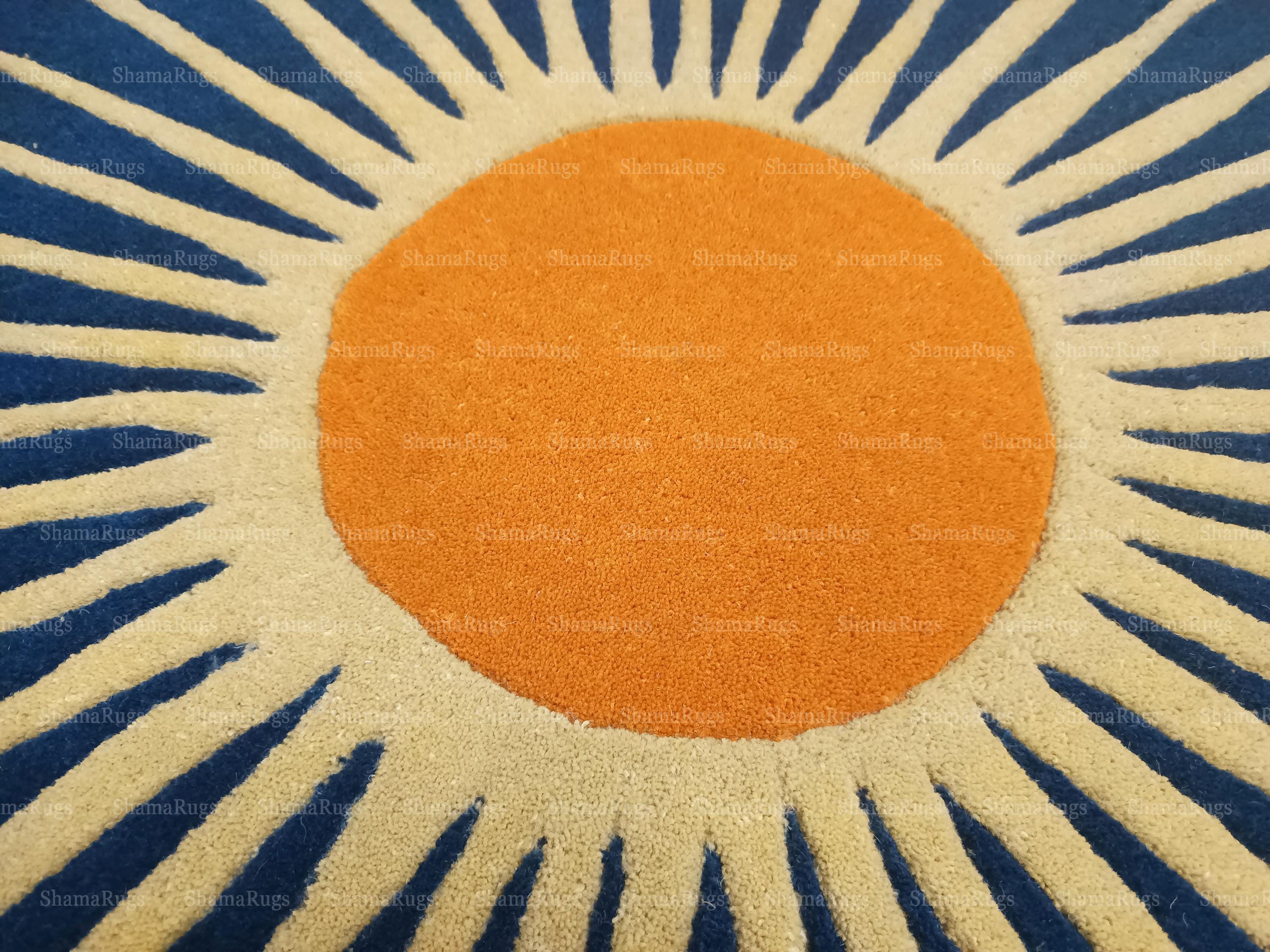 Sunburst Wool Rug | Modern Blue and Orange Circle Accent Carpet - Etsy
