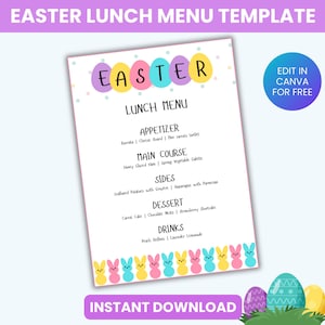 Peut inclure: Modèle de menu de déjeuner de Pâques imprimable avec un design d'œuf de Pâques coloré. Le menu comprend des sections pour l'apéritif, le plat principal, les accompagnements, le dessert et les boissons. Le texte "Modifier dans Canva gratuitement" est dans un cercle bleu en haut à droite. Le texte "Téléchargement instantané" est en bas de la page.