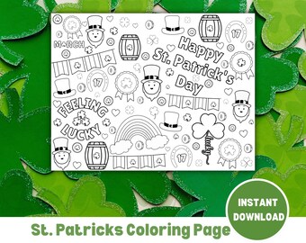 Páginas para colorear de San Patricio / Actividad para niños con trébol, duende, suerte, San Patricio imprimible