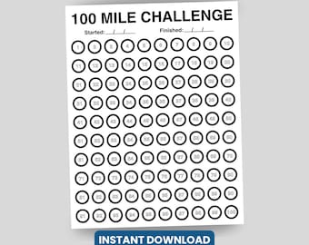 May include: A printable 100 mile challenge tracker with black circles numbered 1 to 100. The tracker is designed to be used to track progress towards a 100 mile running or walking goal.