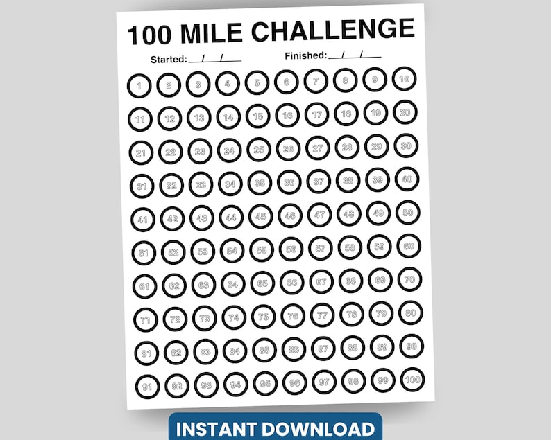 100 Mile Challenge Tracker Printable | A4, Tabloid, US Letter | Red + B ...