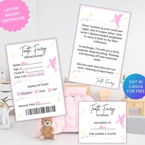 Carta da Fada do Dente | Recibo da Fada do Dente | Fada do Dente Rosa | Recibo, Carta e Certificado da Fada do Dente para meninas | Recibo do Primeiro Dente